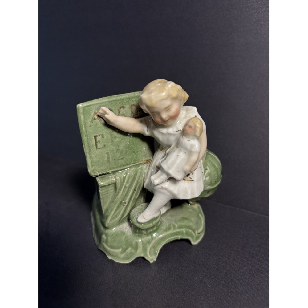 Antique Porcelain Match Holder Girl with Doll & Blackboard Planter c1900s